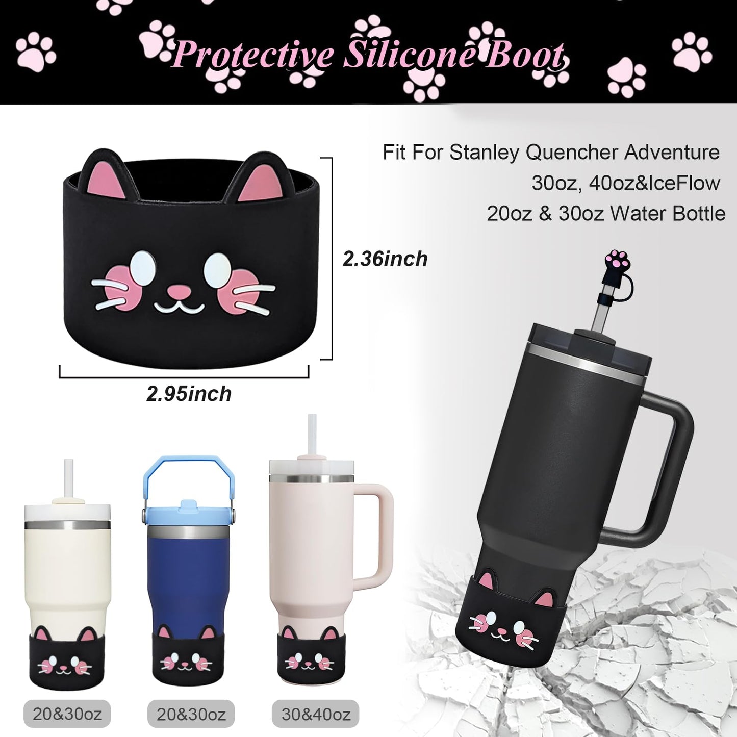 VirgoCCY 6PCS Cute Cat Stanley Cup Accessories Set for Stanley Cup 30oz 40oz, Includes Straw Topper, Siliocne Boot, Water Bottle Handle Strap, Cat Charms, Black