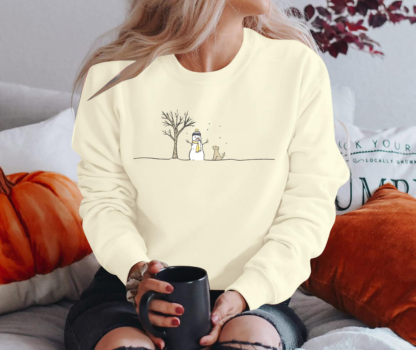 MOUSYA Snowman Sweatshirts for Women Christmas Snowman Sweatshirt Meryy Christmas Pullover Winter Lightweight Top Apricot