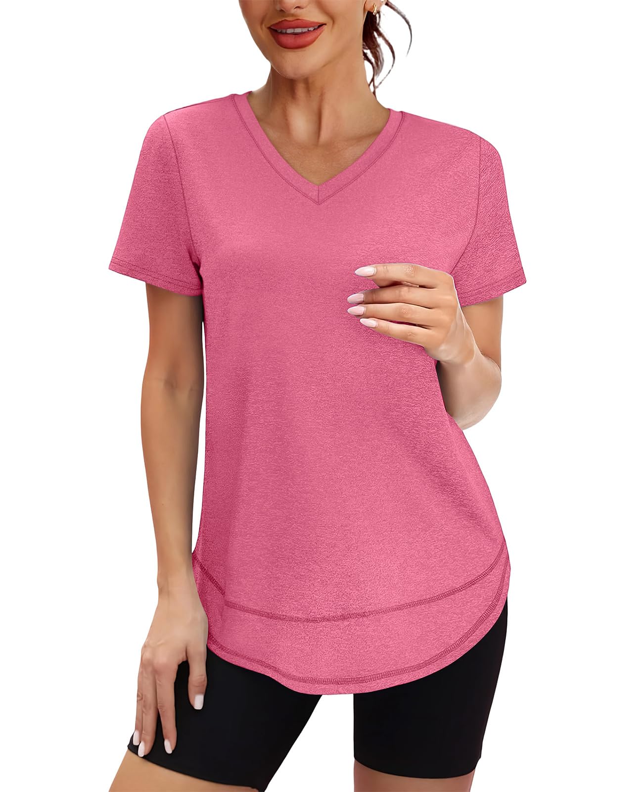 Short Sleeve Shirts for Women Workout Pilates Outfits Tennis Summer Tops 2026 Beach Vacation Clothes V Neck Red Pink M
