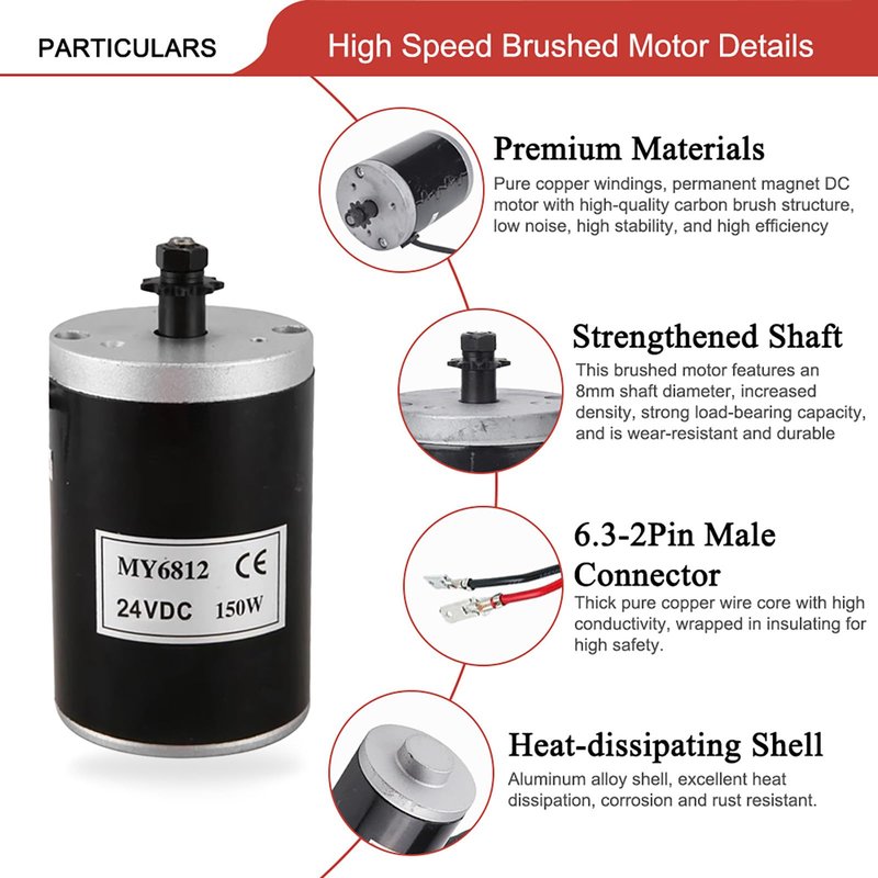 24V 150W Electric Scooter Motor with 7 Tooth 25H Chain Sprocket MY6812 Electric Brushed Motor High Speed Small Brush DC Motor for Razor E100 Scooter Electric Dirt Bike MX125 Motor Replacement Upgrade
