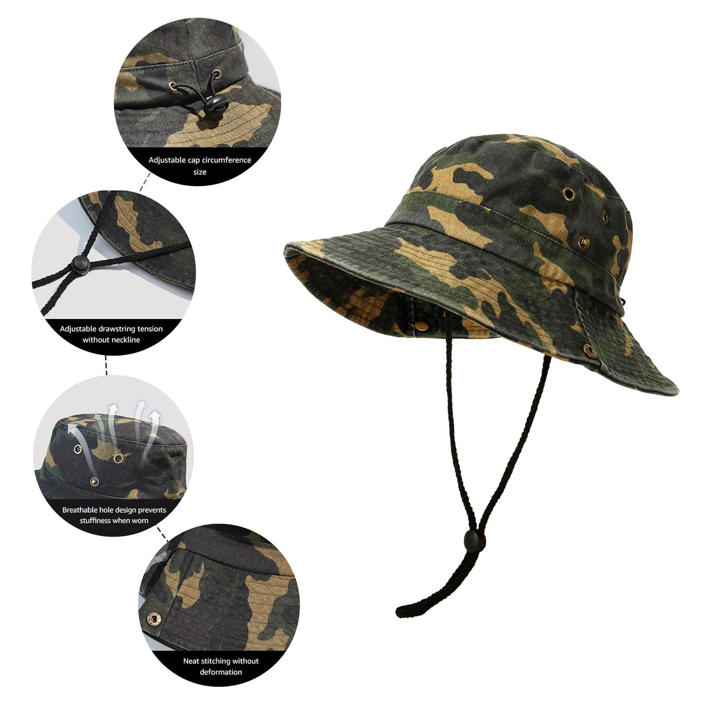 Men's Bucket Hat Camo Outdoor Sun Protection, Breathable Quick-Dry Fishing Gardening Hiking Hat with Neck Flap & Adjustable Chin Strap, UPF50+100% Cotton Wide Brim (Green Camouflage hat)