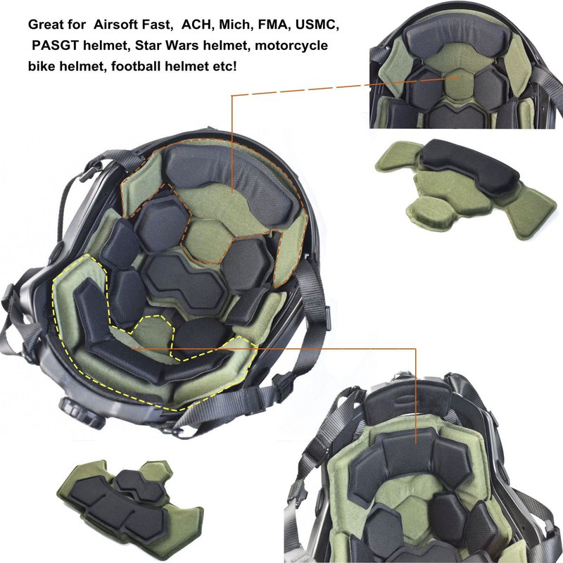 Tactical Fast Helmet Pads Set Military Memory Foam Pad Protective Mat Airsoft Helmet Padding Kit, Universal Replacement Motorcycle Tactical Cushions Mats (Green)