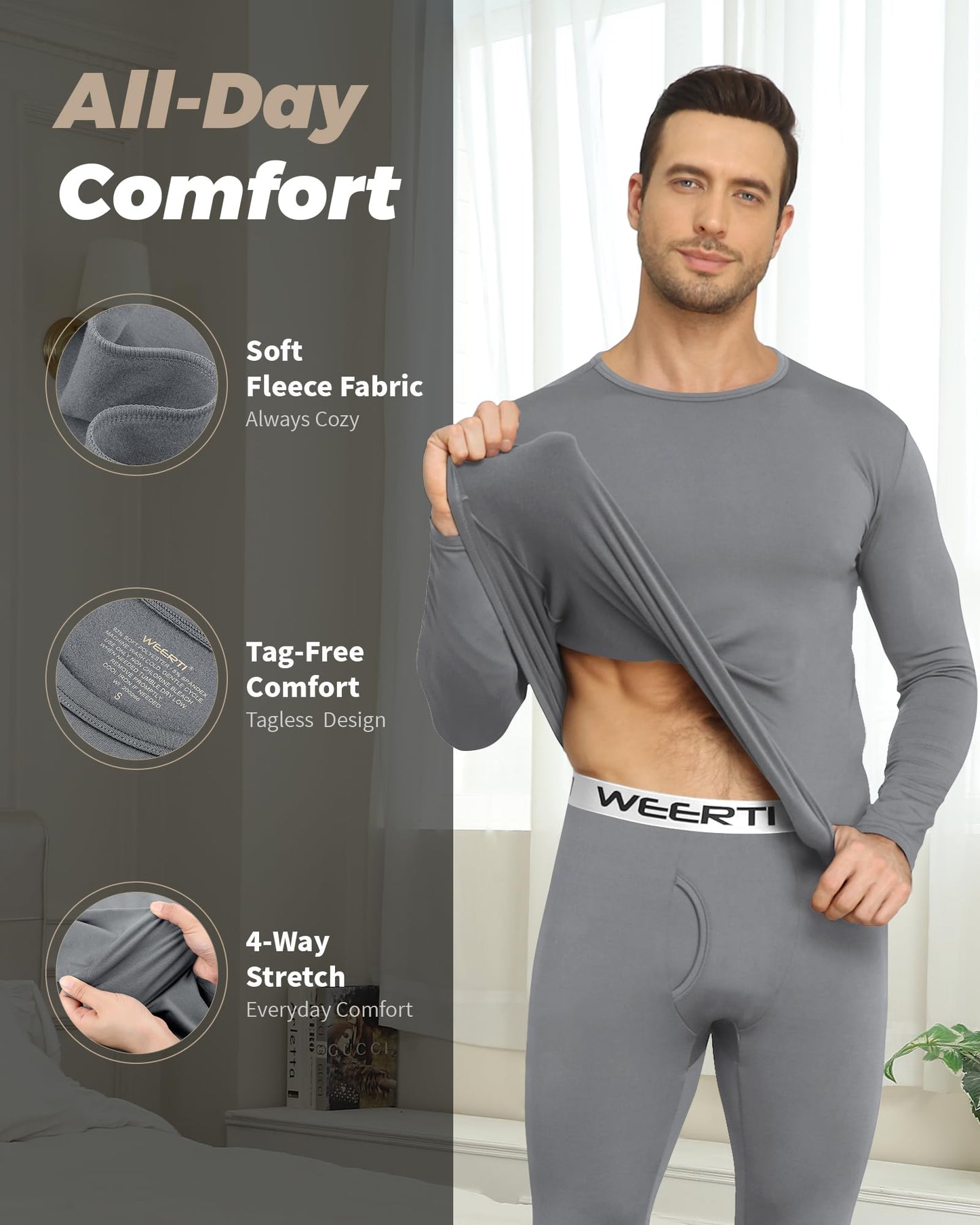 WEERTI Thermal Underwear for Men Long Johns with Fleece Lined Base Layer Men Cold Weather Top Bottom-Grey L