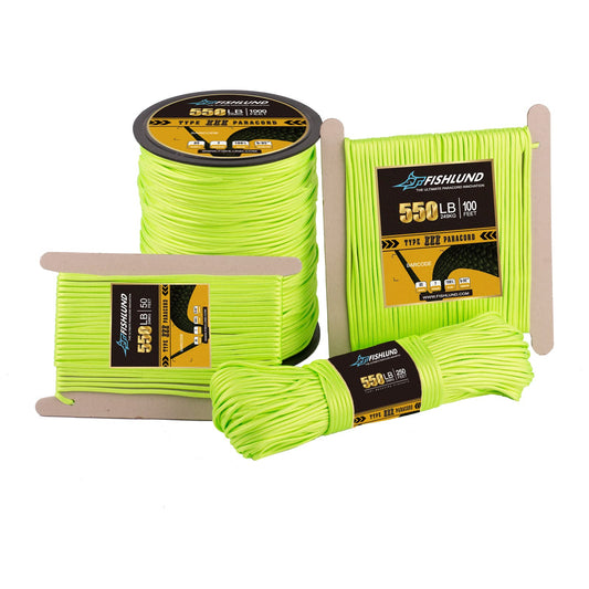 FISHLUND Paracord 550 lb, 7 Strand Type III Paracord Rope 50ft 4mm, High Strength Nylon Parachute Cord for Camping, Survival, Tactical and Hiking, Neon Green