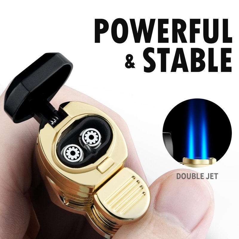 GUEVARA Cigar Butane Torch Lighter with Punch Windproof Double Jet Lighters (Black-Gold)
