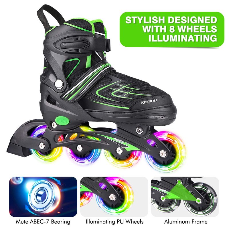 KAQINU Adjustable Inline Skates, Outdoor Inline Skates Roller with Full Illuminating Wheels for Women, Kids, Girls and Boys (Green, S)