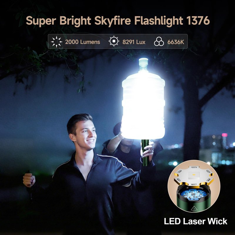 SKYFIRE 1376 LED Flashlights with Ignition Lens, Rechargeable 2000 High Lumens Zoomable Flash Light, 5 Modes Waterproof IPX6 Powerful Tactical Flashlight for Emergency Camping Essentials Home (Green)