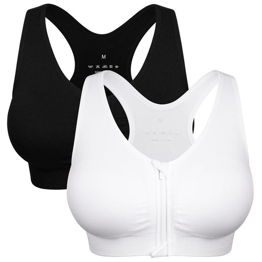 Women's Zip Front Sports Bra - Wireless, Padded, Post-Surgery Zipper Front Racerback Workout Yoga Gym Bra Top 2 Pack