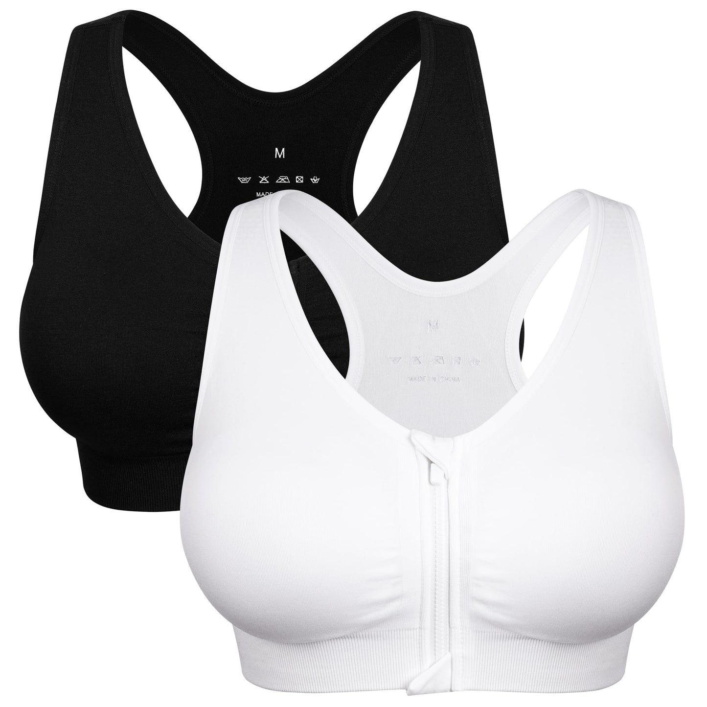 Women's Zip Front Sports Bra - Wireless, Padded, Post-Surgery Zipper Front Racerback Workout Yoga Gym Bra Top 2 Pack
