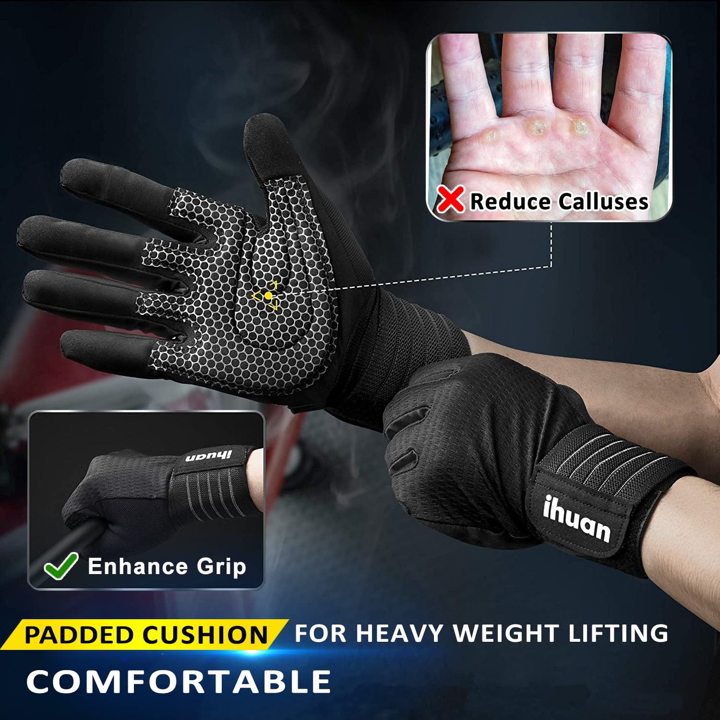 ihuan Weight Lifting Gym Workout Gloves Full Finger with Wrist Wrap Support for Men & Women, Full Palm Protection, for Weightlifting, Training, Fitness, Hanging, Pull ups