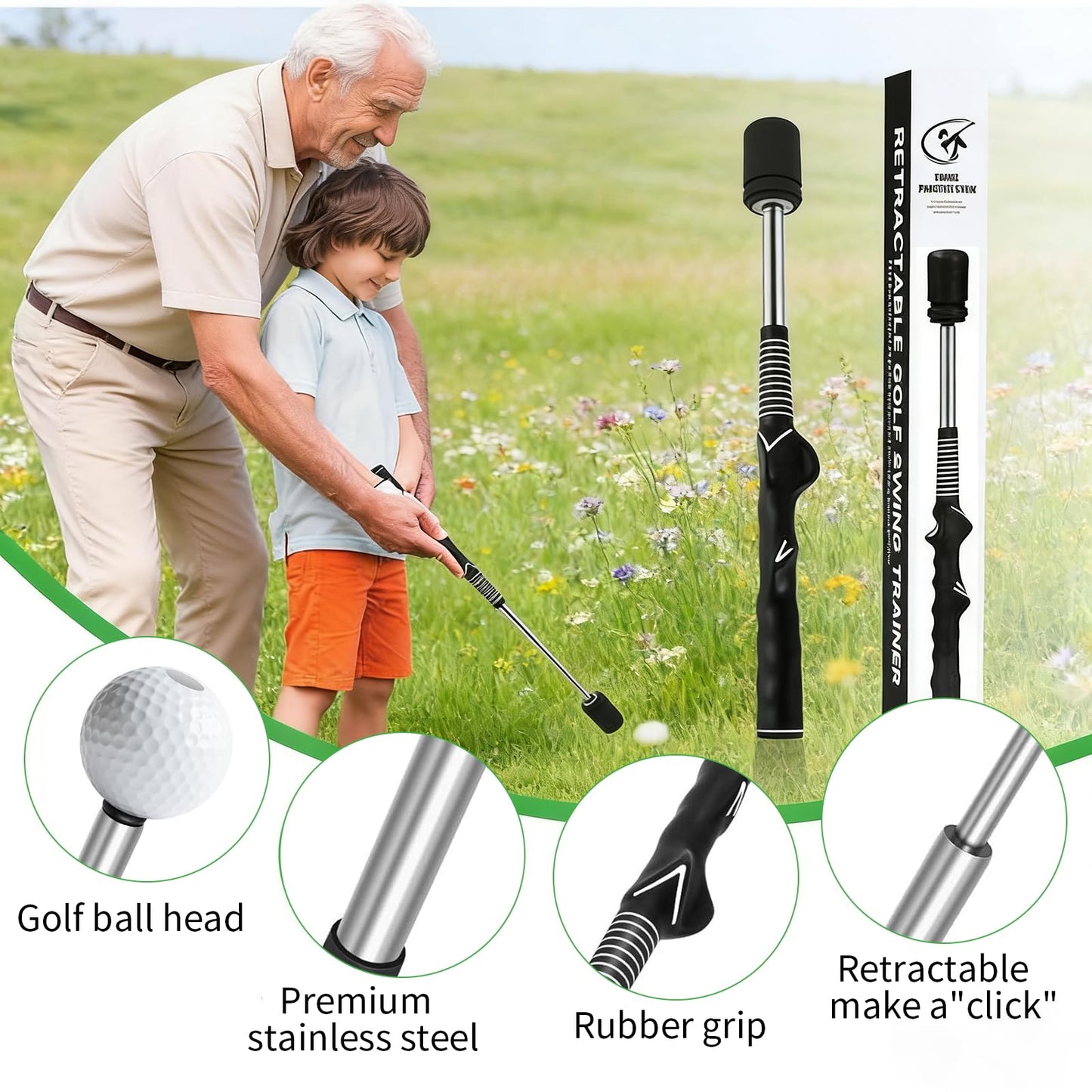 TOTITOM Retractable Golf Swing Training Aid, Golf Grip Trainer for Warm-up, Right-Handed Golf Club for Indoor & Outdoor Practice, Ideal for Beginners Improving Strength