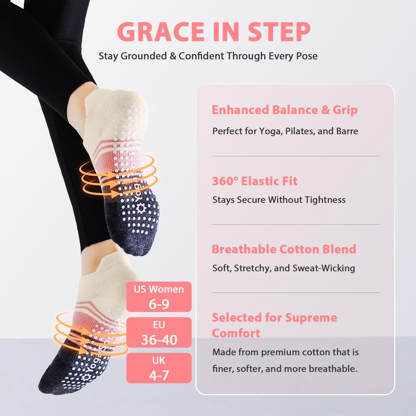 WARMVIN Non Slip Pilates Grip Socks for Women Yoga Barre Knitted Cotton