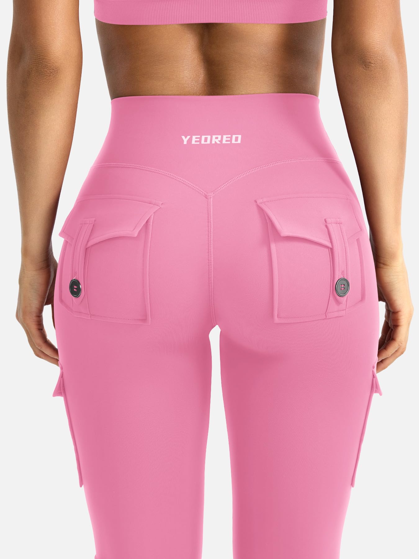 YEOREO CoreFlex Women Workout Flare Leggings with Pockets Hidden Scrunch Cargo Gym Yoga No Front Seam Leggings Pink XL