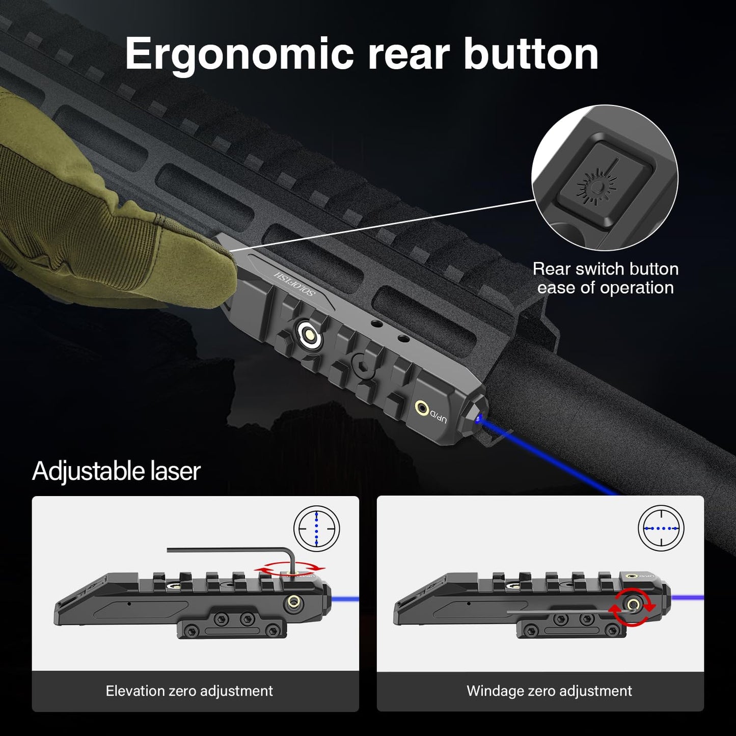Solofish SL-1107 Picatinny Blue Laser Sight, Magnetic Rechargeable, Momentary, Strobe, Steady Modes, Durable Aluminum Design, Picatinny Riser Function, Easy Zero Adjustment