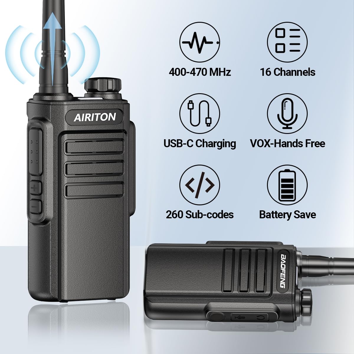 Walkie Talkies Long Range for Adults, Airiton Radio Rechargeable Walkie Talkie UHF Two Way Radio with 1500mAh Li-ion Battery USB-C Charger VOX Walky Talky for Hiking Cruises Camping (2Pack)