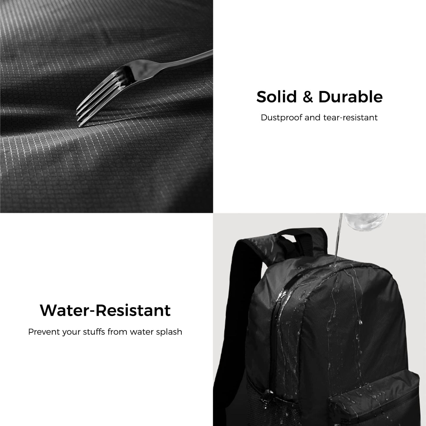 pack all 20L Lightweight Packable Backpack, Water Resistant Foldable Backpack, Travel Hiking Daypack with Waterproof Zippers (Black)