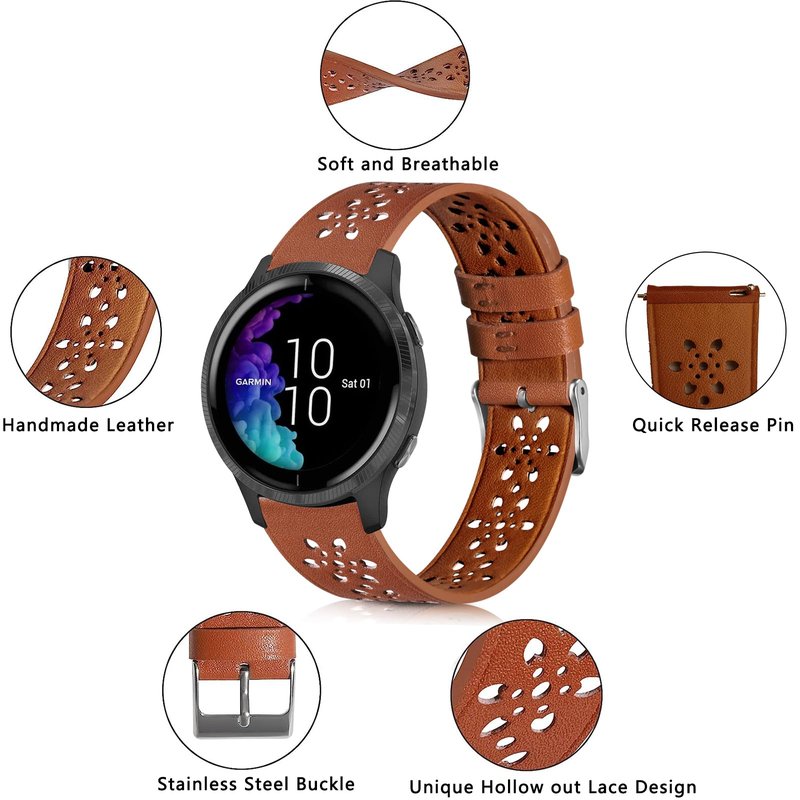 BOTNUW Lace Leather Band Compatible with Garmin Vivoactive 3/Vivoactive 3 Music Bands/Vivoactive 5 Bands,Garmin Venu/Venu 2 Plus Bands Women Men,20mm Breathable Slim Hollow-out Sports Replacement Band (Grey)