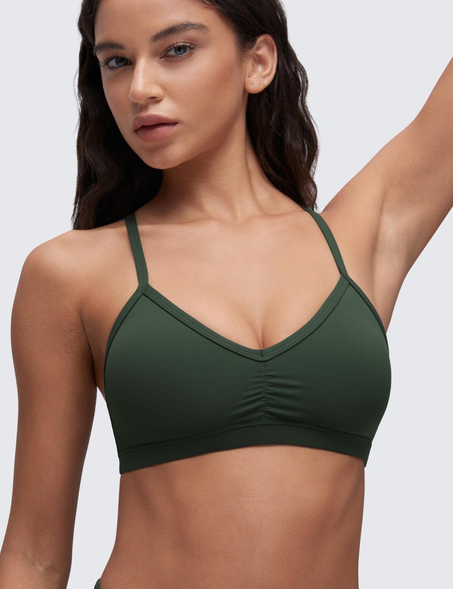 CRZ YOGA Butterluxe Ruched Sports Bras for Women - V Neck Spaghetti Thin Strap Y Back Wireless Padded Yoga Crop Top Legend Green Small