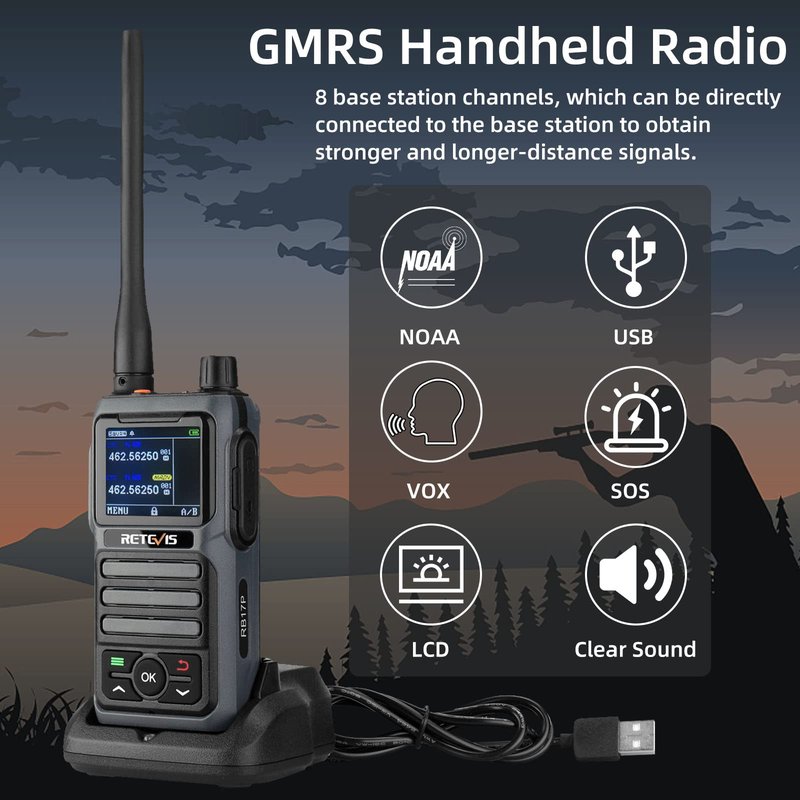 Retevis RB17P GMRS Radio Walkie Talkie, GMRS 2 Way Radio Long Range Walkie Talkies Rechargeable with 2200mAh Battery, SOS Siren, NOAA Scanning & Receiving for Hikers, Campers and Hunters
