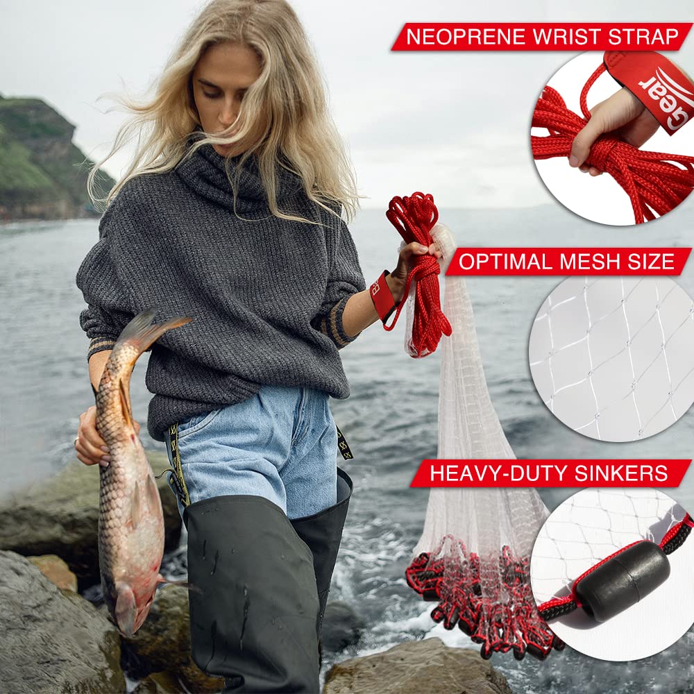 BasicGear Cast Net | Zinc Iron, 8ft Radius, 1/4 inch Mesh for Freshwater and Saltwater Bait Fish | Professional Grade and Upgraded Material | Throw Style