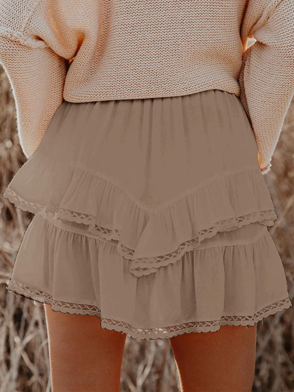 Aoudery Flowy Shorts for Women Casual Boho Ruffle Tiered Skorts High Waist Mini Skirts Golf Tennis Butterfly Crochet Shorts - Khaki XS