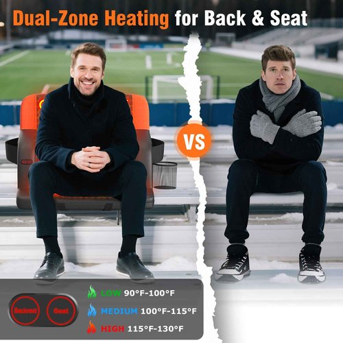 Suteck Dual-Sided Heated Stadium Seats for Bleachers with Back Support, 25" Portable Heated Bleacher Seat with Backrest, 3 Heat Levels, 5 Pockets – Ideal for Outdoor Stadiums and Events