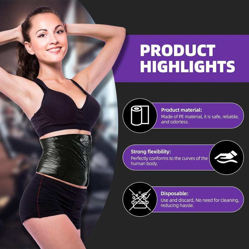 Black Osmotic Plastic Body Wrap - 60 Meters Workout Sweat Enhancer | 3 Rolls for Stomach Slimming