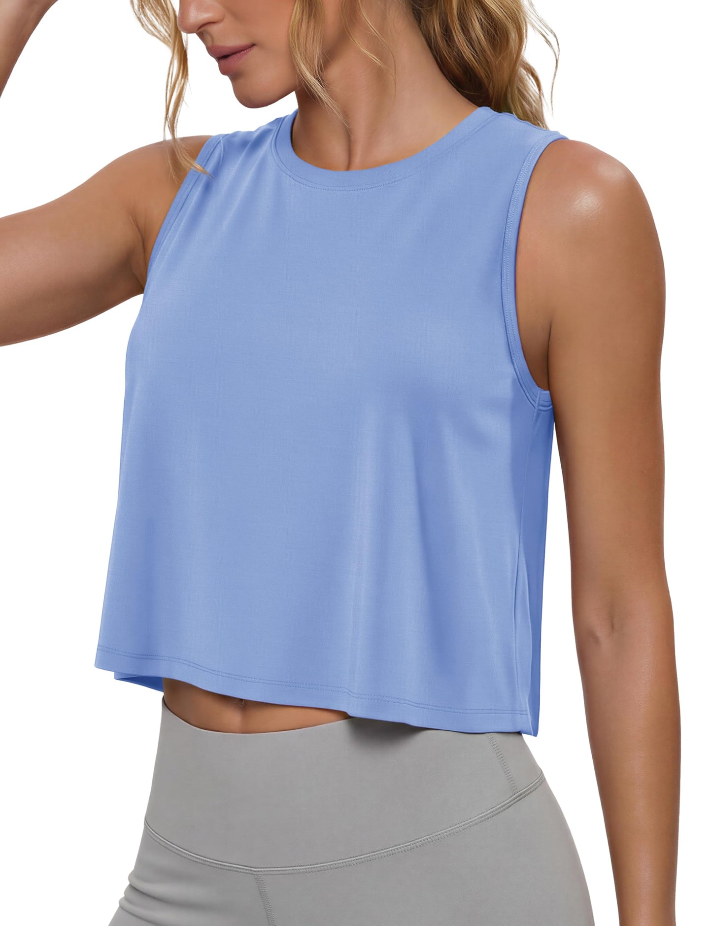 MAGCOMSEN Womens Athletic Tank Tops Cropped Lightblue Shirt Sleeveless Loose Muscle Shirt Dry Fit Yoga Exercise Work S