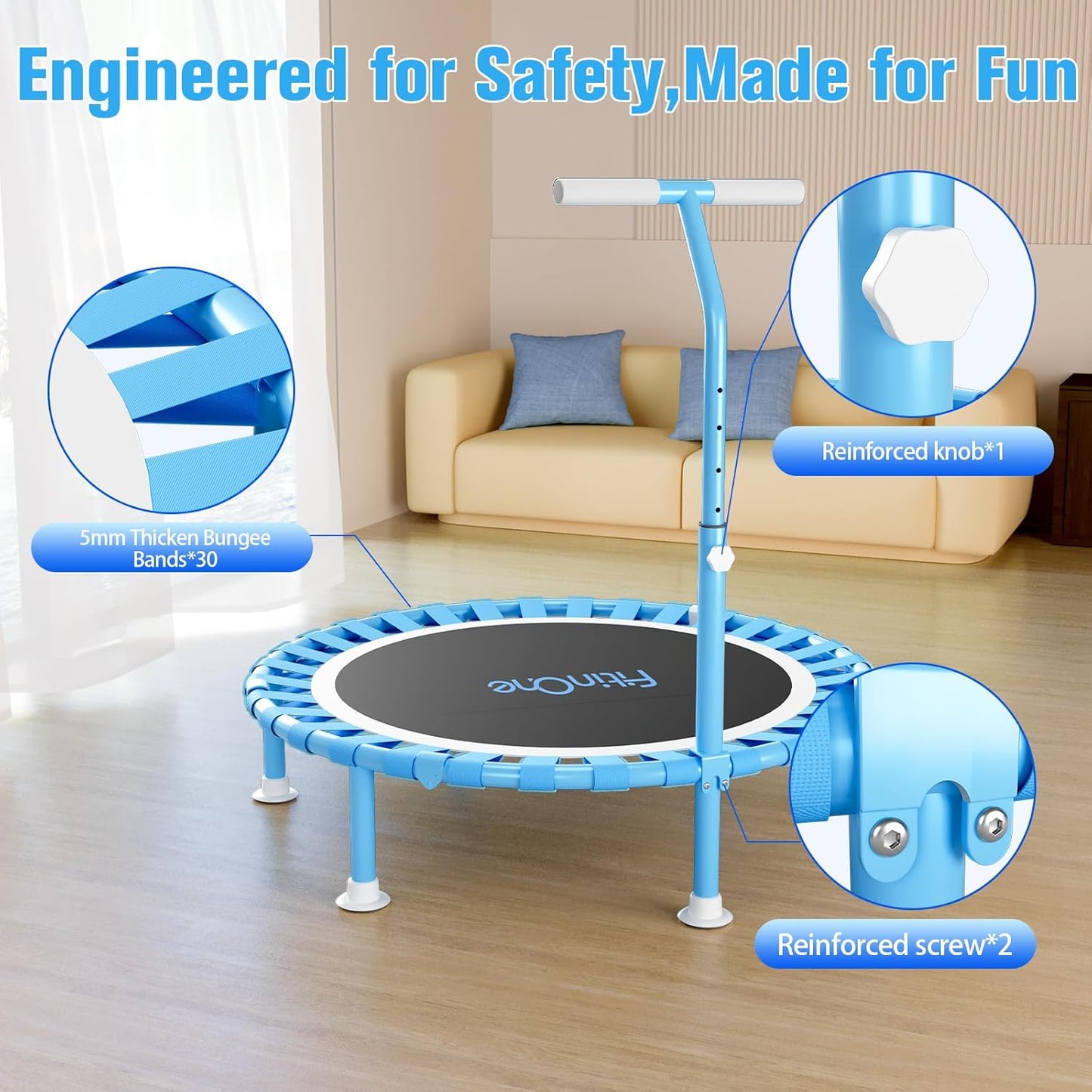 Fitness Mini Trampoline - 40” Adjustable Handle Bar, 330lbs Capacity | Foldable Bungee Rebounder for Indoor Exercise