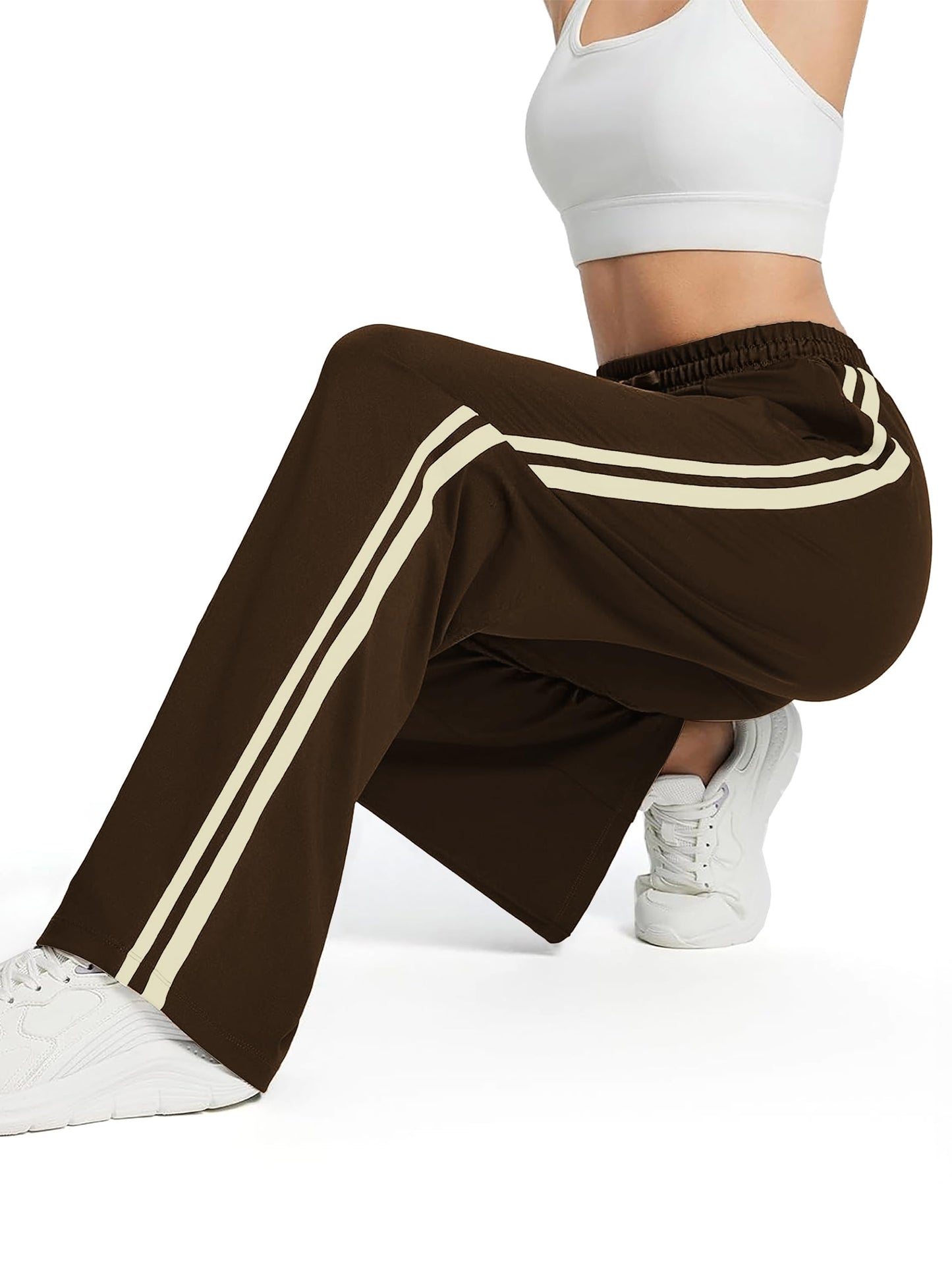 Tapata Tall Womens 34" Inseam Track Pants Relaxed Fit Striped Workout Sweatpants Baggy Trousers with Zipper Pockets, Brown, XXL