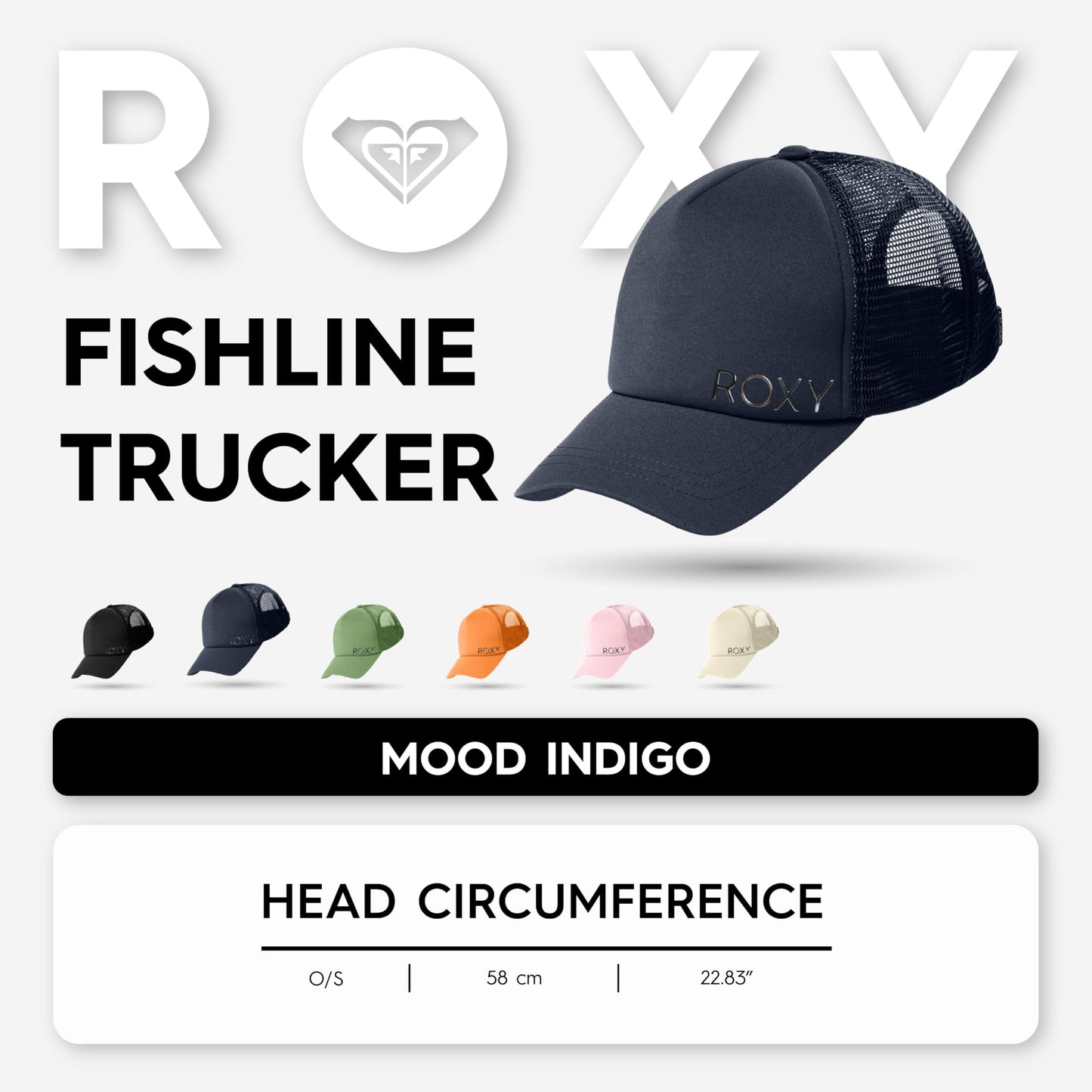 Roxy Women's Finishline Trucker Hat – 100% Cotton Adjustable Summer Cap with Mesh Back, Lightweight and Breathable Festival or Beach Style for Travel and Outdoors, Mood Indigo/Silver