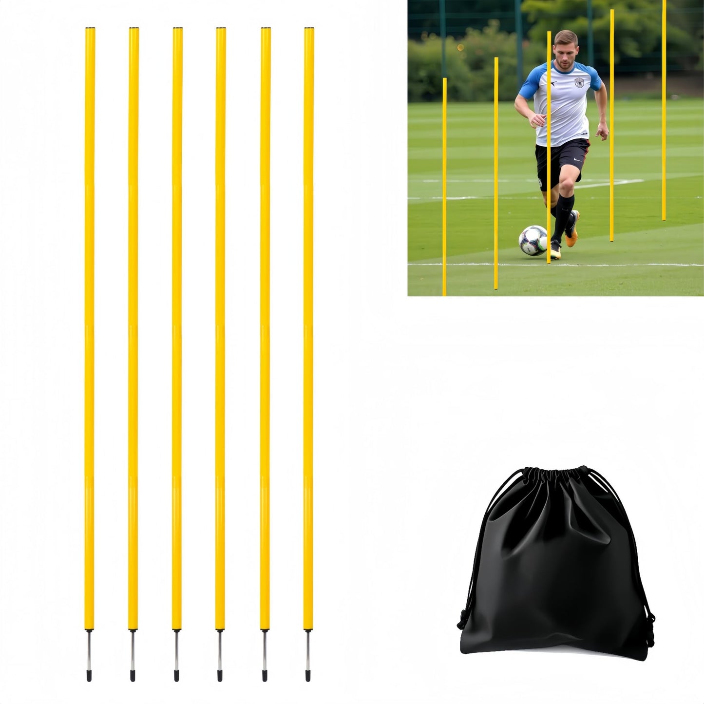 6 Pcs Soccer Agility Poles for Training, 5 FT Adjustable Speed and Agility Training Equipment for Football/Basketball/Horse/Dog Practice, Soccer Sticks with Steel Ground Nails Outdoors (Yellow)