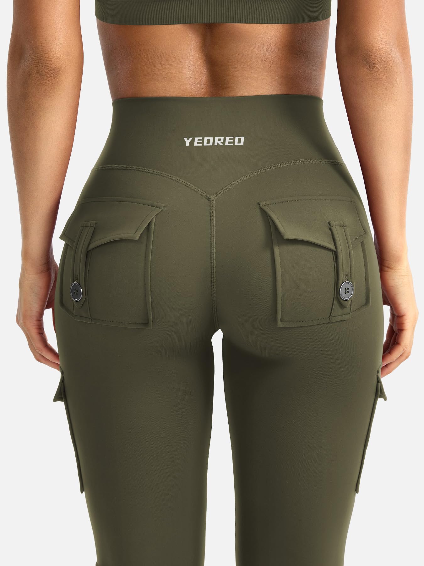 YEOREO CoreFlex Women Workout Flare Leggings with Pockets Hidden Scrunch High Waisted Cargo Gym Yoga No Front Seam Leggings Army Green XXL