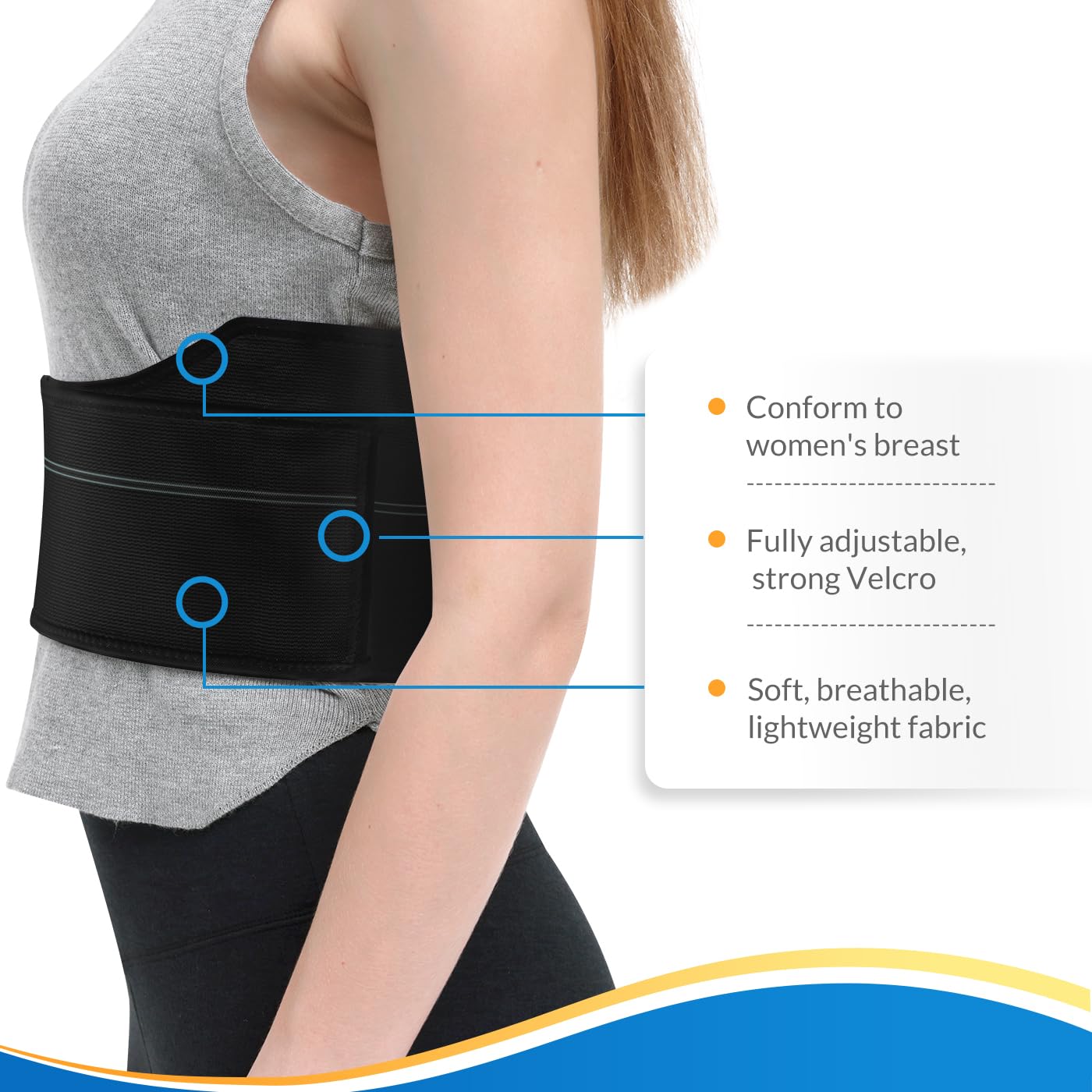 Pauline Broken Rib Brace for Women - Compression Chest Binder for Cracked Ribs Support & Chest Pain Relief - Rib Belt for Bruised Rib Cage (Black, Fits 30”-45”)