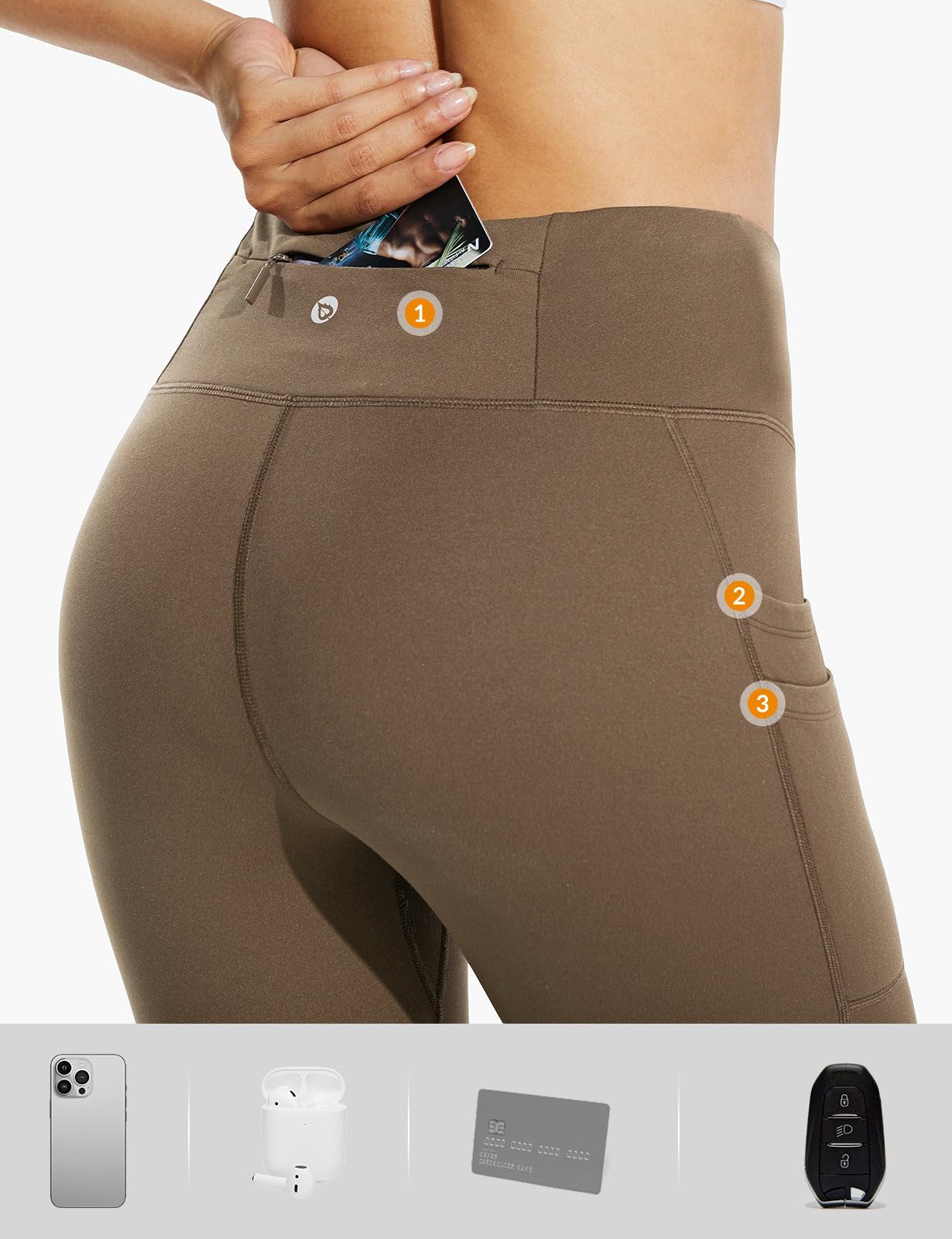 baleaf Fleece Lined Leggings Women Water Resistant 25" Petite Winter Warm Legging Thermal Running Tights Yoga Hiking Pants Brown L