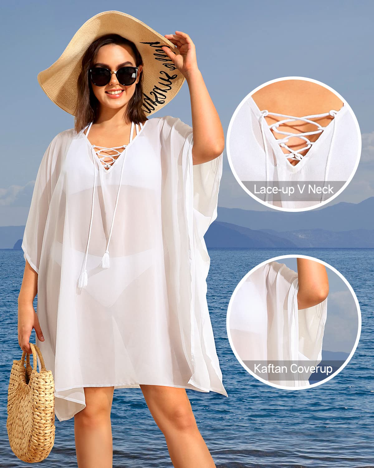 Pinup Fashion Plus Size Cover Ups Swimwear White Swimsuit Coverup Women Chiffon See Through Lace-Up Kaftan Cover Up Dress