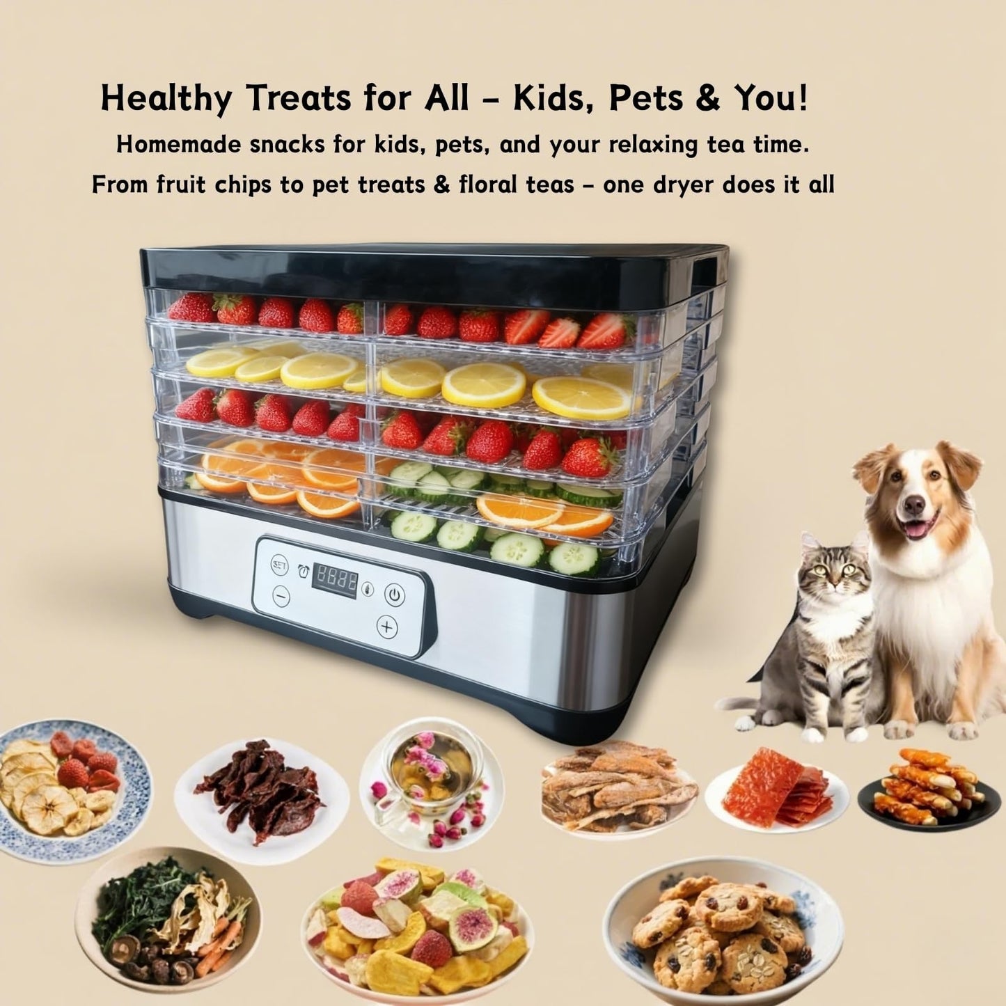 Food Dehydrator, Dehydrators for Jerky Beef Fruit, 300W 158 ℉ Temperature Control & 24H Timer Food Dryer with 5 BPA-Free Trays Fruit Dryer for Herb, Fruit, Dog Treats (Black)