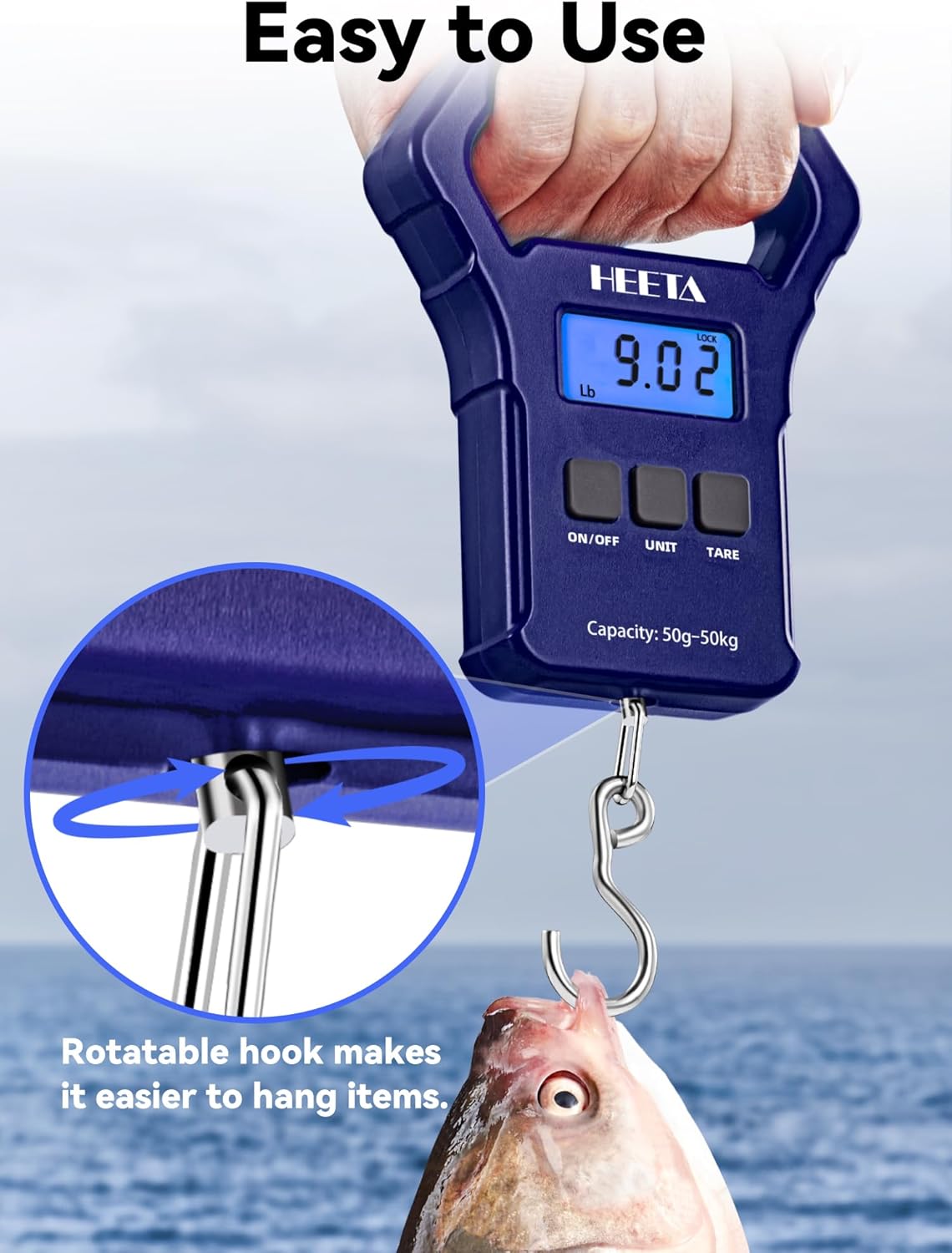 Digital Fishing Scale - 110lb/50kg Portable Hanging Weight Scale with Backlit LCD Display | Non-Slip Handle & Hook