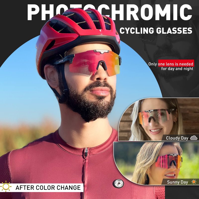 KAPVOE Photochromic Cycling Glasses TR90 Sports Sunglasses Mountain Bike Gasses Men Women MTB Glasses Clear Bicycle Riding Glasses Biking Sunglasses Motorcycle Road Bike Sunglasses Running Red