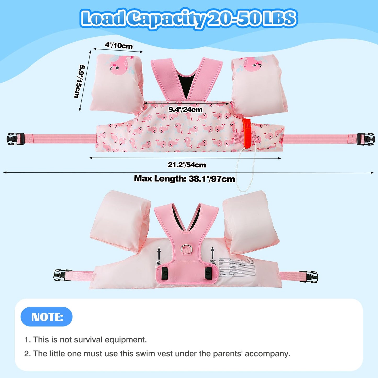 MoKo Swim Arm Band for Kids 20-30-40-50lbs, Toddler Swim Vest Cute Cartoon Swimming Wings Pool Floats Sleeve Children Water Sports Learning Swim Training Equipment, Pink Whale
