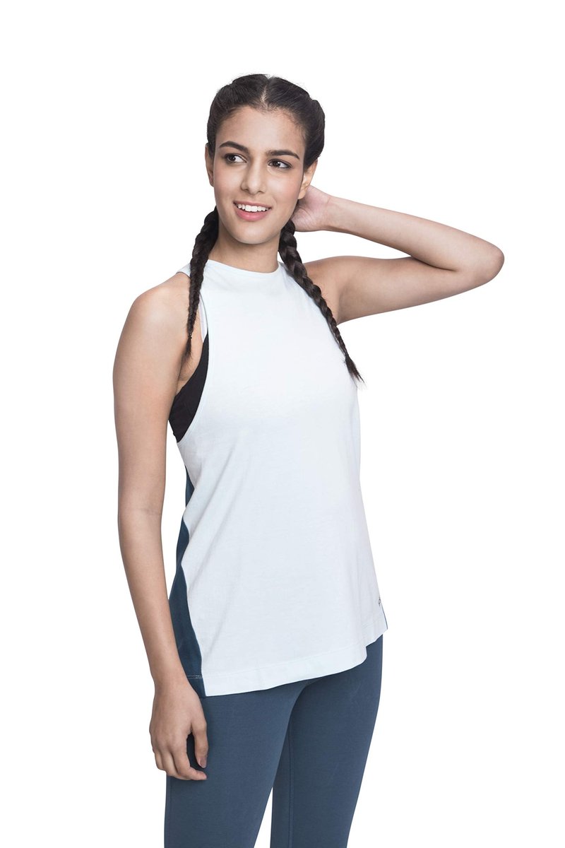 SATVA Premium Organic Cotton Racerback Tank Top for Yoga Workout Running Sports Training Cycling Discovery Tank, Powder Blue & Petrol Blue, X-Small