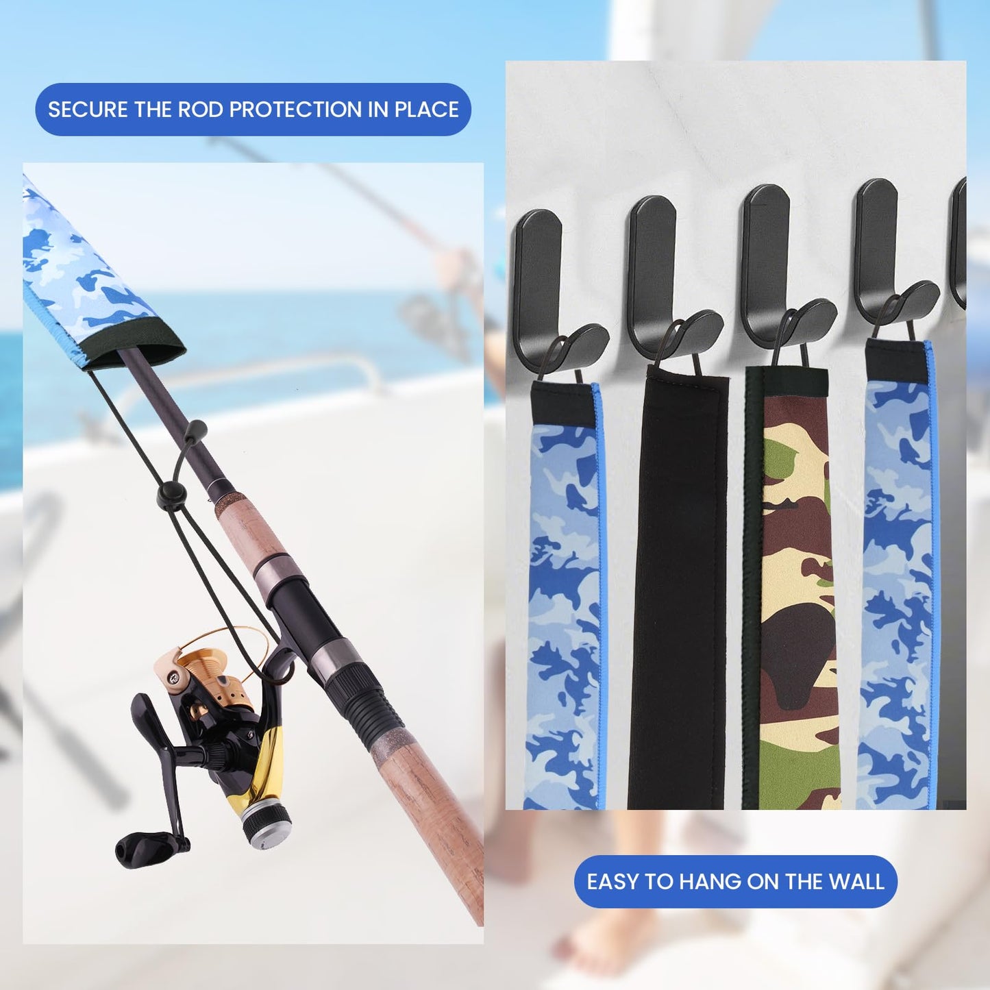 YEBOBI Neoprene Fishing Rod Sleeve Rod Socks for Casting, Trolling, Spinning Rod, Rod Cover Fishing Pole Protective Case for Storage and Travel (2, Green camo, 69")