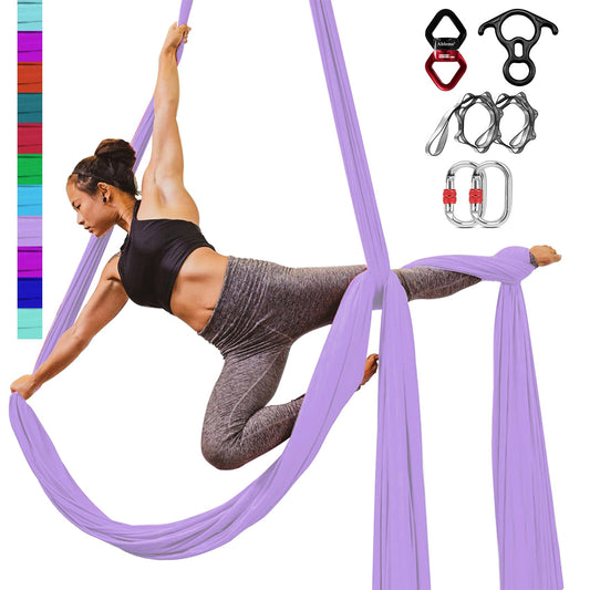 Ableme Aerial Yoga Silks 9 Yards Hammock Kit (low-medium Stretch) for Aerial Dance, Flying Yoga, Yoga Starter Kit with Hardware Set - Swing for All Levels, Suit for 8-13 ft Ceiling Height (Lavender)