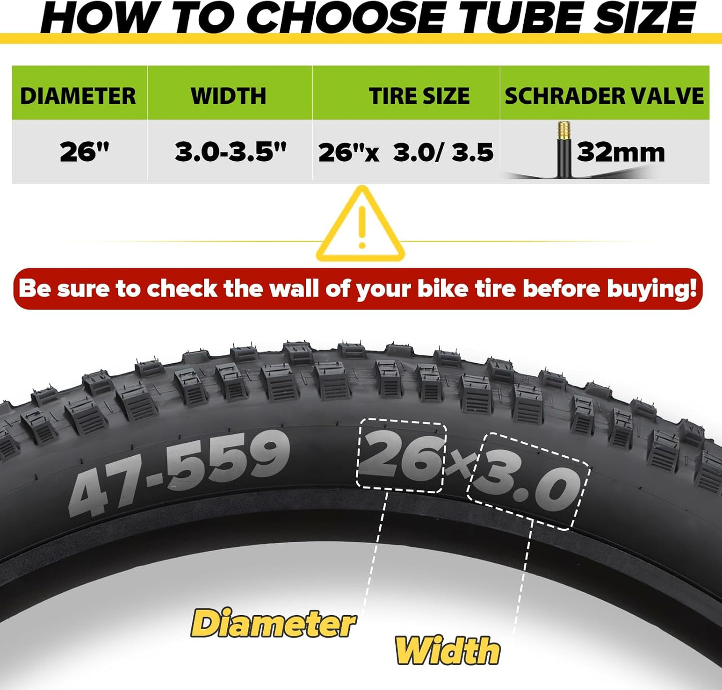 Fat Tire Bike Inner Tubes - 20/26 x 3.0/3.5 Butyl Tubes with 32mm AV Schrader Valve | 2/4 Pack with Tire Levers