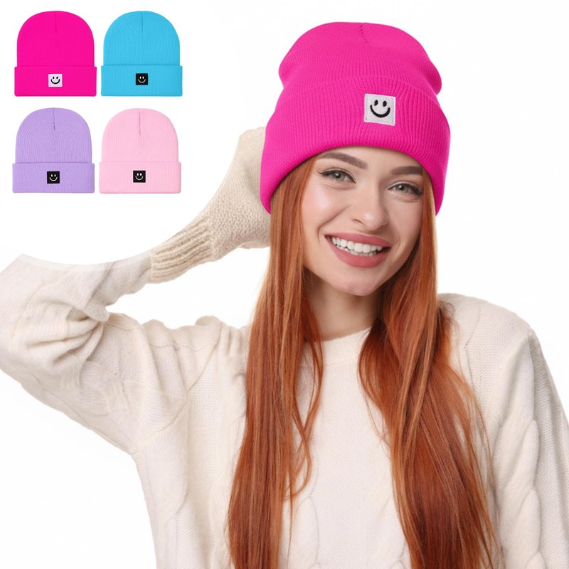 Fingertip WD Knit Beanie Hat with Smile Face for Men Women Winter Warm Soft Slouchy Skull Cap(Pink,Hot Pink,Purple,Blue)