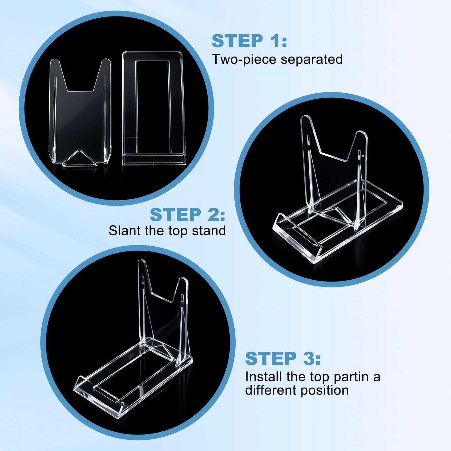 Hushee 15 Pack Acrylic Book Stand for Display Adjustable Clear Book Display Holder Easel Rack Stand for Home Office Back to School Library Bookshelf Comic Album CD Magazine Postcard Artworks