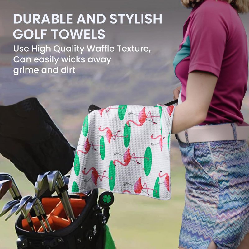 Golf Towels for Golf Bags Value 2 Pack 21"x16" and 12"x8" Set with Strong Magnetic Retractable Carabiner, Microfiber Waffle Towel Pattern Lightweight Absorbent Gift for Women Ladies (Flamingo&White)
