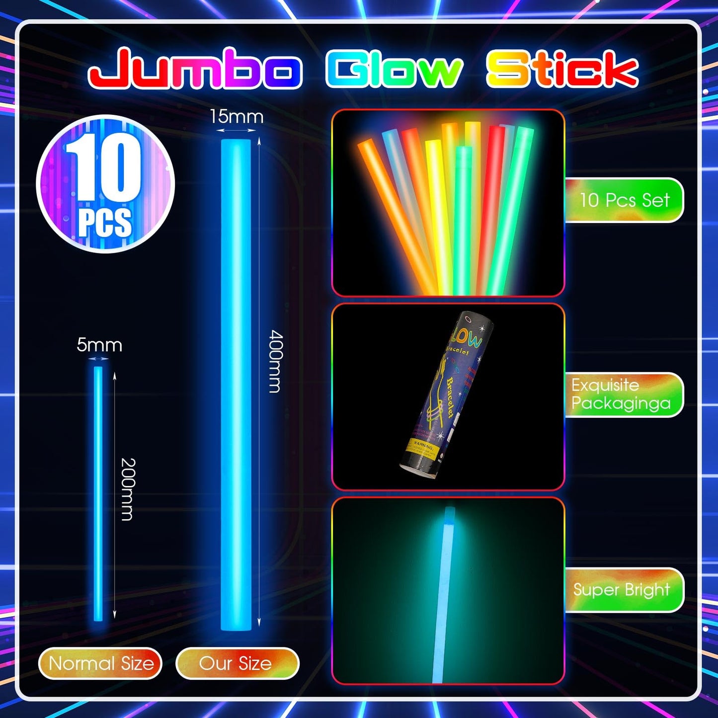 10 Pcs Jumbo Glow Sticks Available in 14 or 16 Inch Industrial Grade Glow Sticks Bulk Emergency Large Glow Sticks for Camping Accessories, Survival Kit(Red, Orange, Yellow, Green, Blue, 16 Inch)