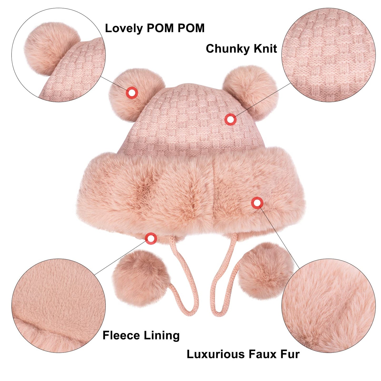 Peicees Winter Beanie Hats for Women Warm Knit Skull Cap Fur Hat with Pompom Russian Ushanka Trapper Hat Ear Cover Pink