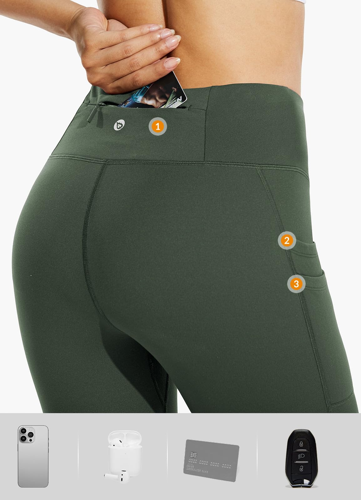 baleaf Fleece Lined Leggings Women Water Resistant 25" Petite Winter Warm Legging Thermal Running Tights Yoga Hiking Pants Green L
